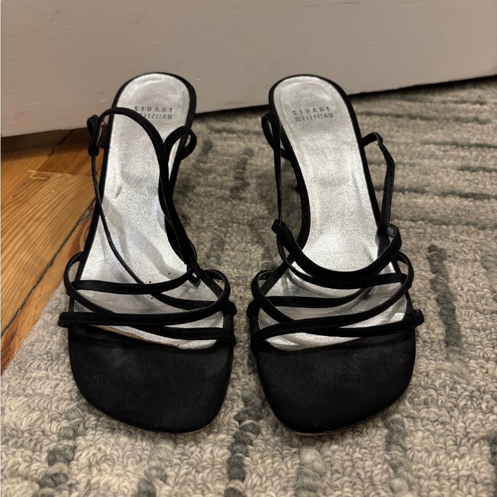 STUART WEITZMAN Women’s Strappy Kitten Heels Black Suede Size 8 luxury low shoes - Picture 6 of 13